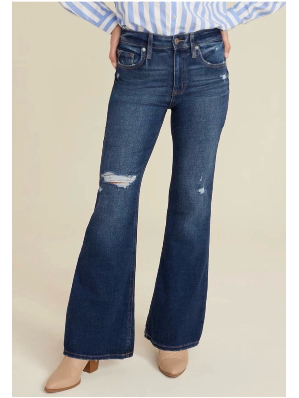 Maurices Edgely Relaxed Flare Jeans Super High Rise Dark Wash Distressed